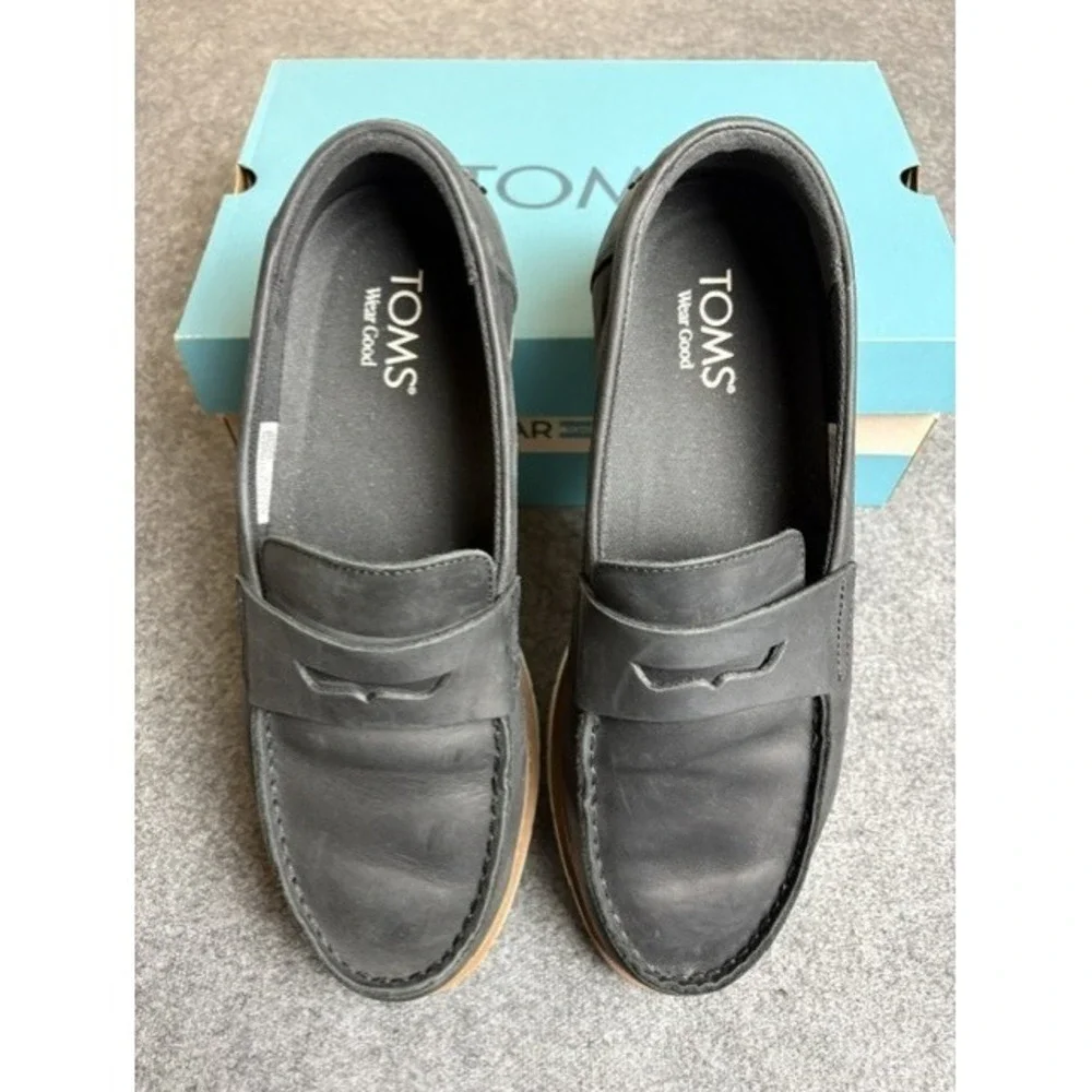 TOMS Black Leather Penny Loafers Men's Slip On Shoes Classic Casual Excellent